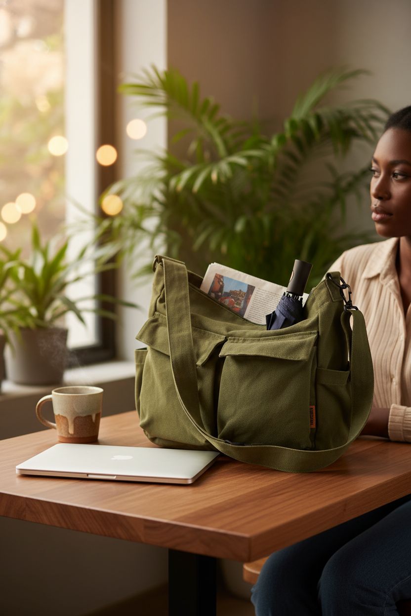 Olive canvas messenger bag on a café table, showcasing casual style, by Yaucher