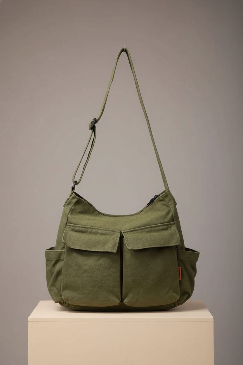Close-up of olive canvas messenger bag highlighting quality and design, by Yaucher