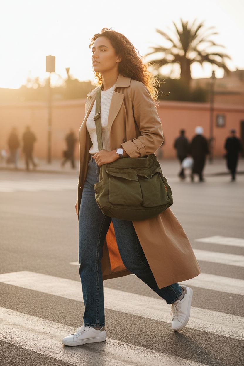 Olive canvas messenger bag worn crossbody, perfect for commuters, by Yaucher