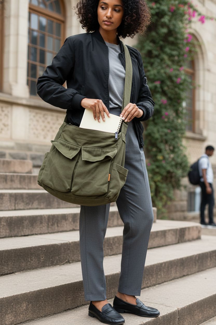 Olive canvas messenger bag with pockets, ideal for students, by Yaucher