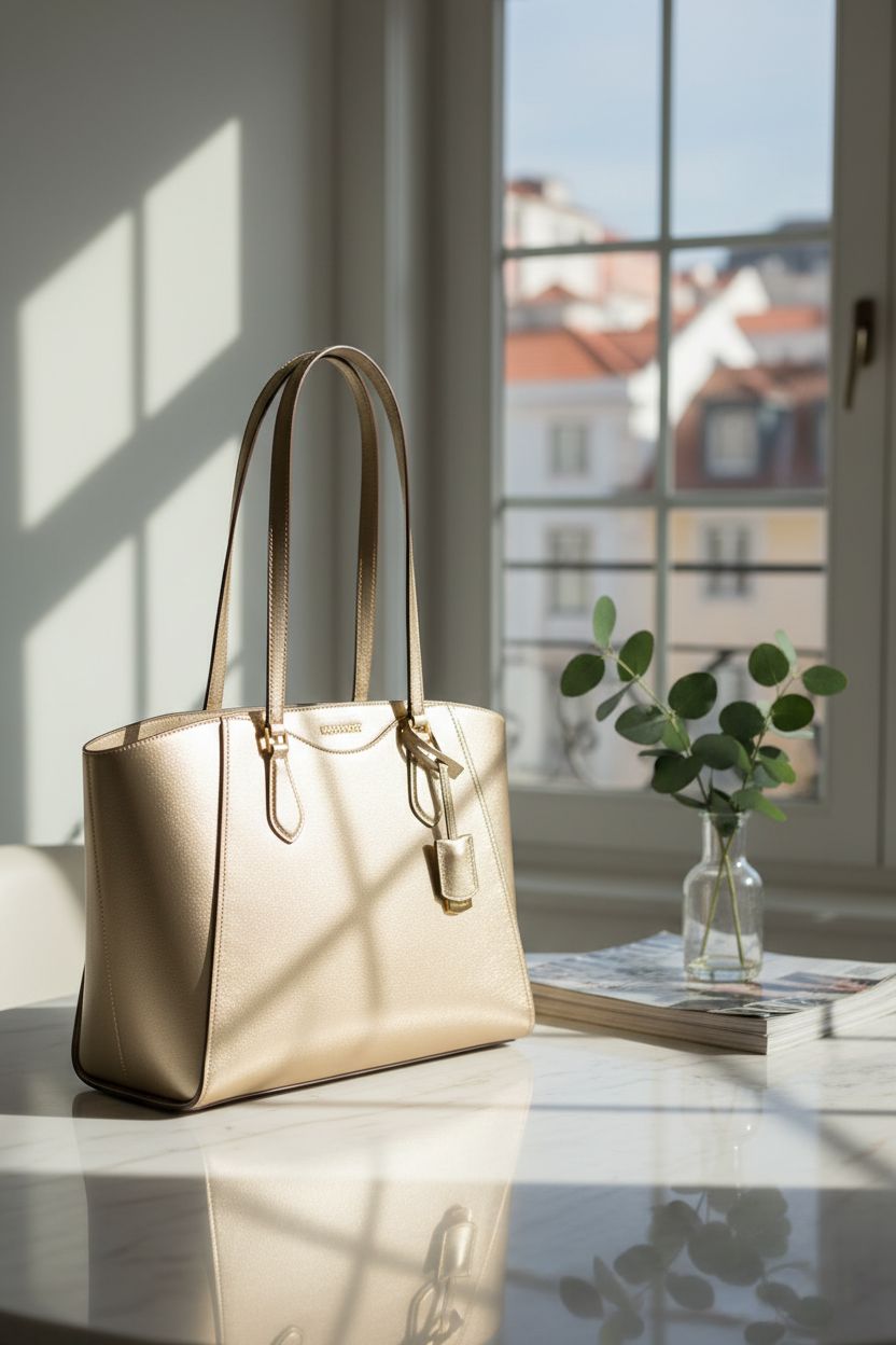 Elegant Michael Kors pale gold metallic tote bag on a marble table, creating a serene atmosphere.