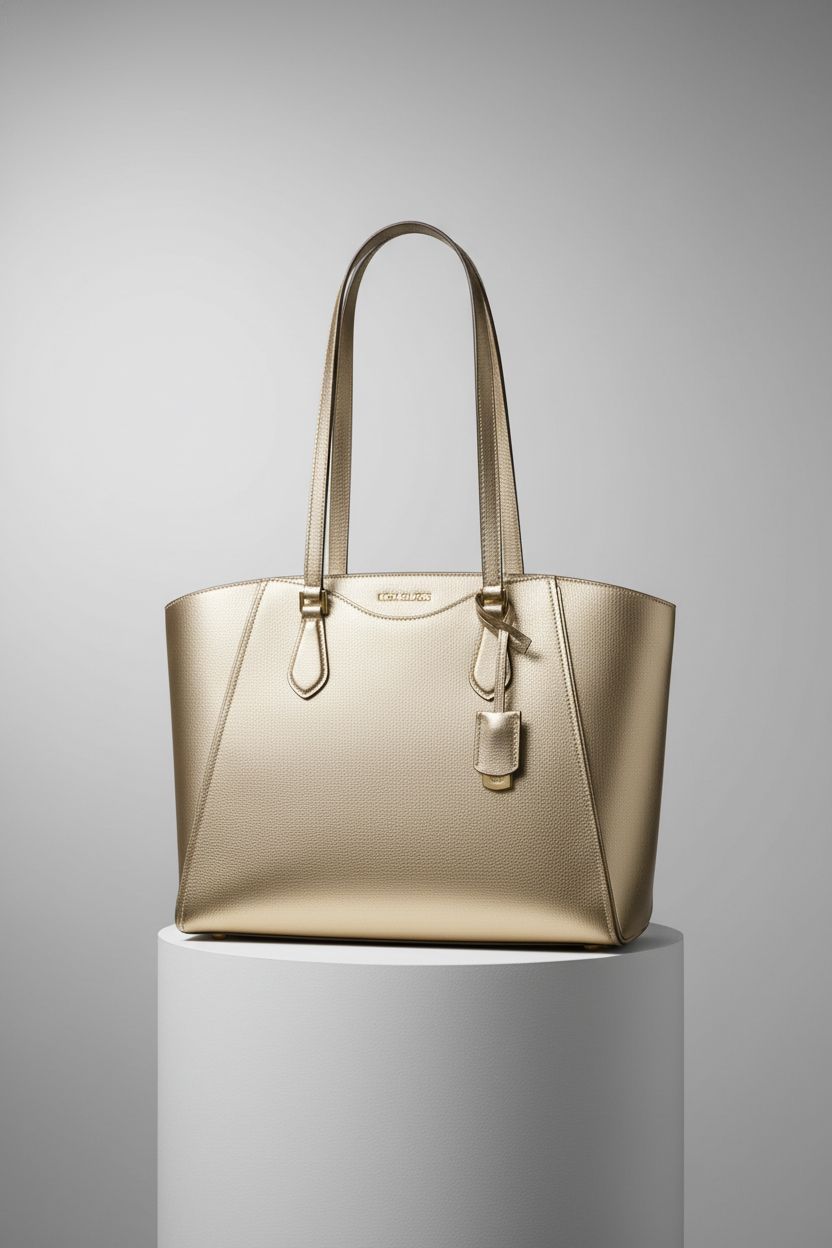 Detailed view of Michael Kors pale gold metallic tote bag, highlighting its craftsmanship and design.
