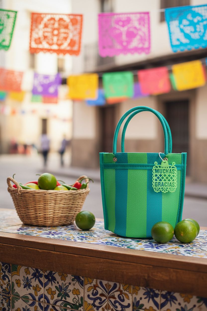 Wazteco mini mercado bag on a rustic counter with limes and chiles, capturing festive vibes.