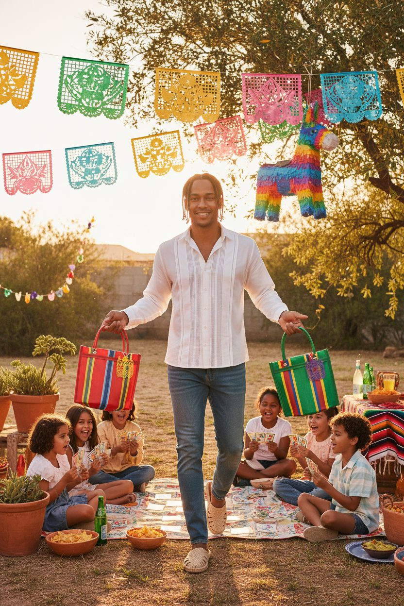 Wazteco Mexican mini mercado bags at a vibrant fiesta, showcasing bold stripes and mesh design.