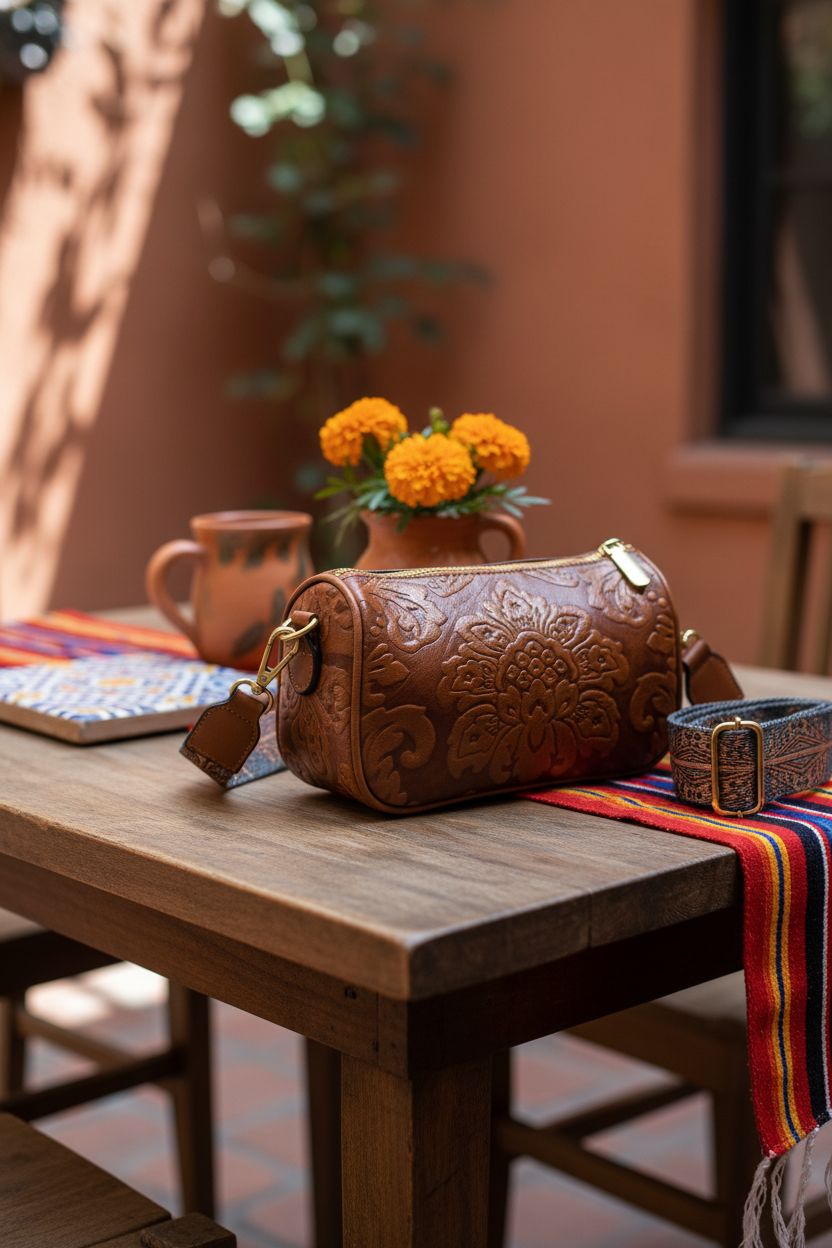 QWINEE floral embossed leather bag on a rustic table, perfect for cozy settings.