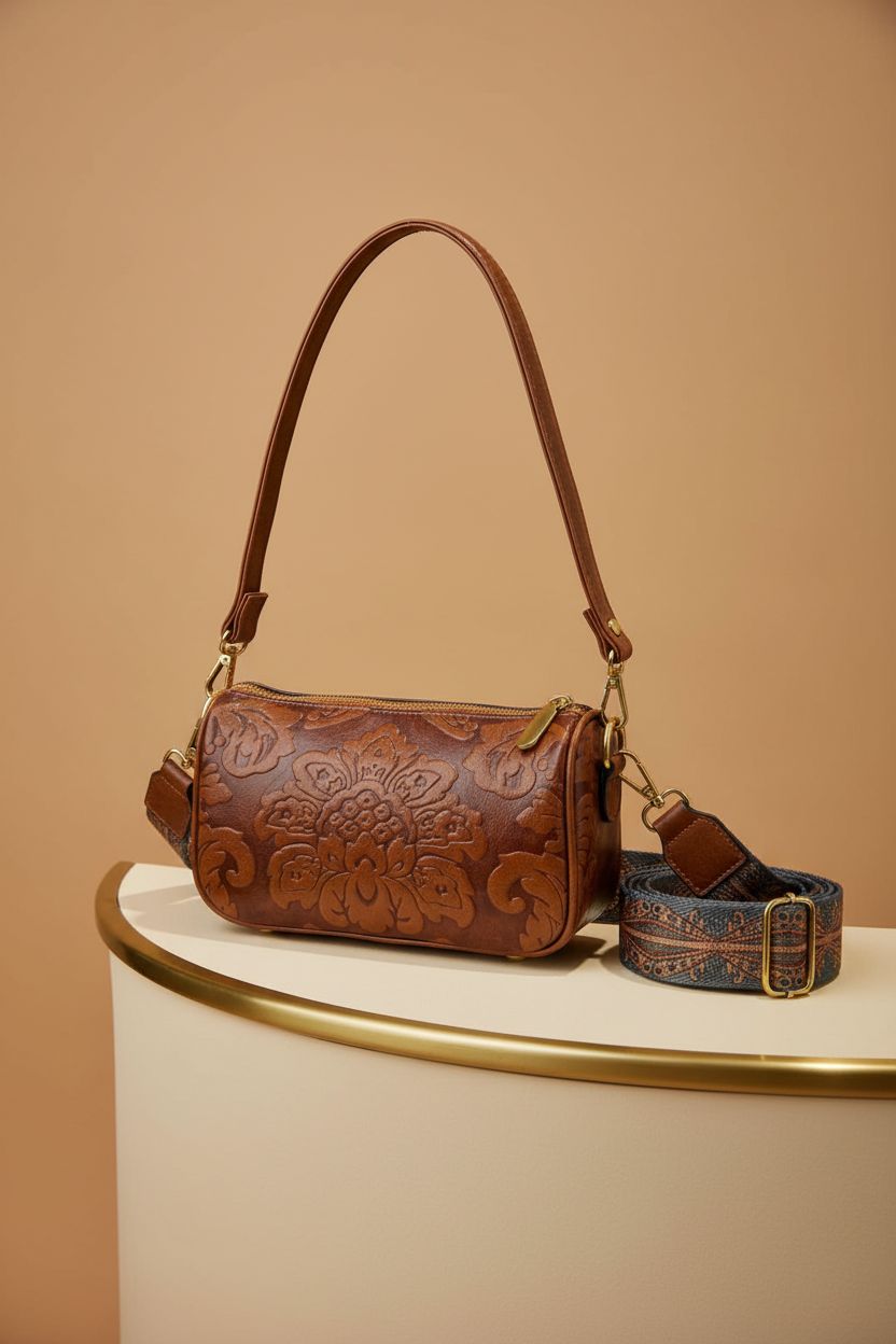 QWINEE leather crossbody bag displayed elegantly on a cream plinth, showcasing its design.