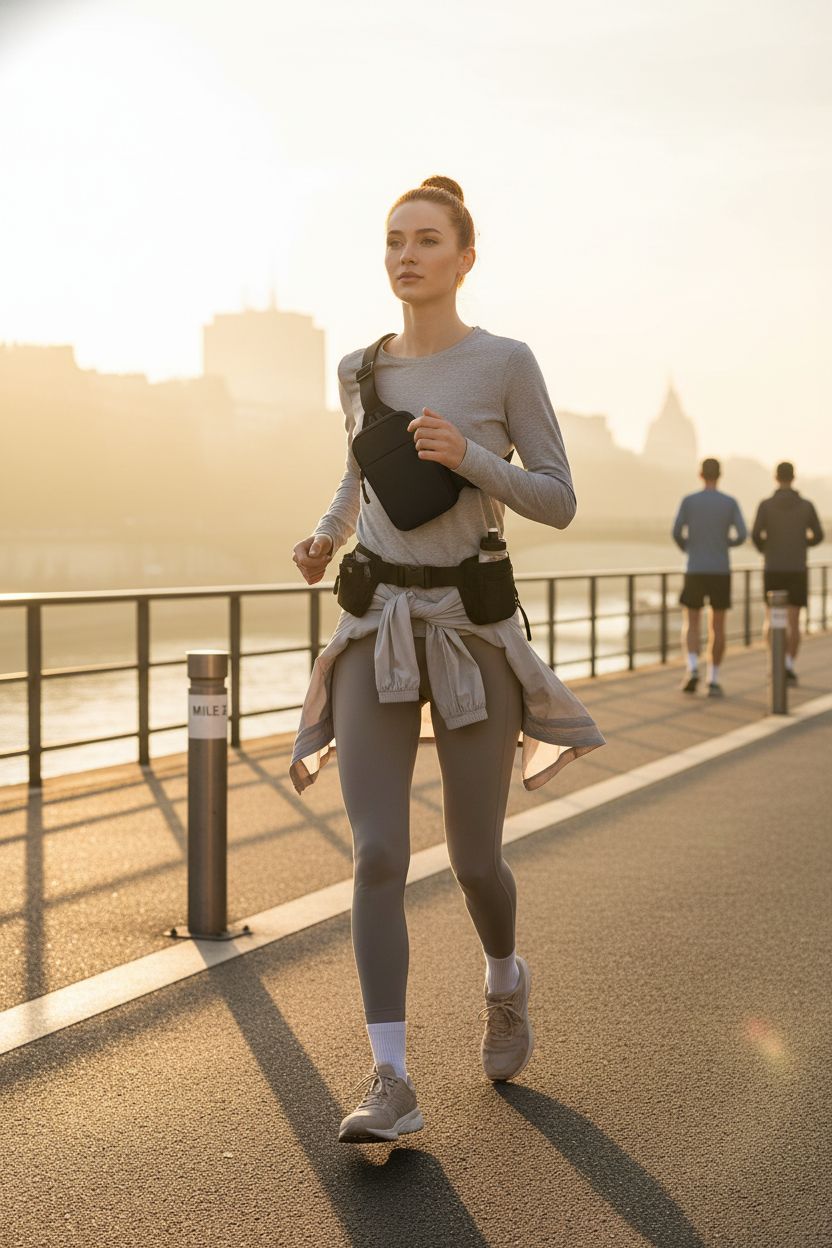 Simptech mini crossbody bag worn while running by a riverside at dawn.