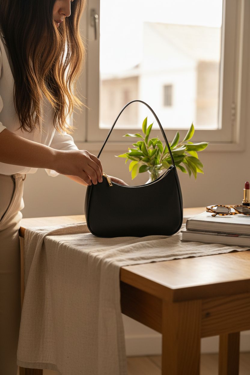 CYHTWSDJ black mini hobo on a warm oak table in a cozy apartment nook, exuding elegance and style.