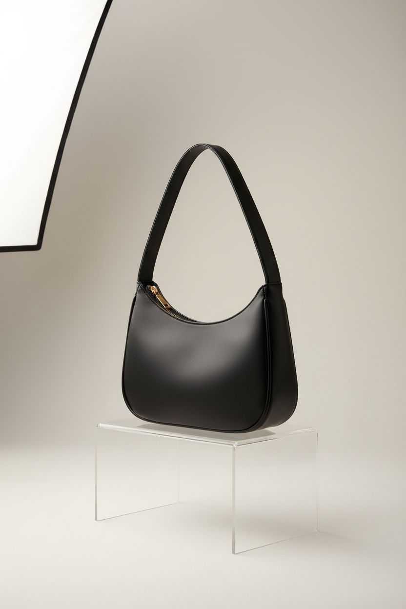 CYHTWSDJ black mini hobo handbag displayed on a clean studio set, highlighting its sleek design and features.