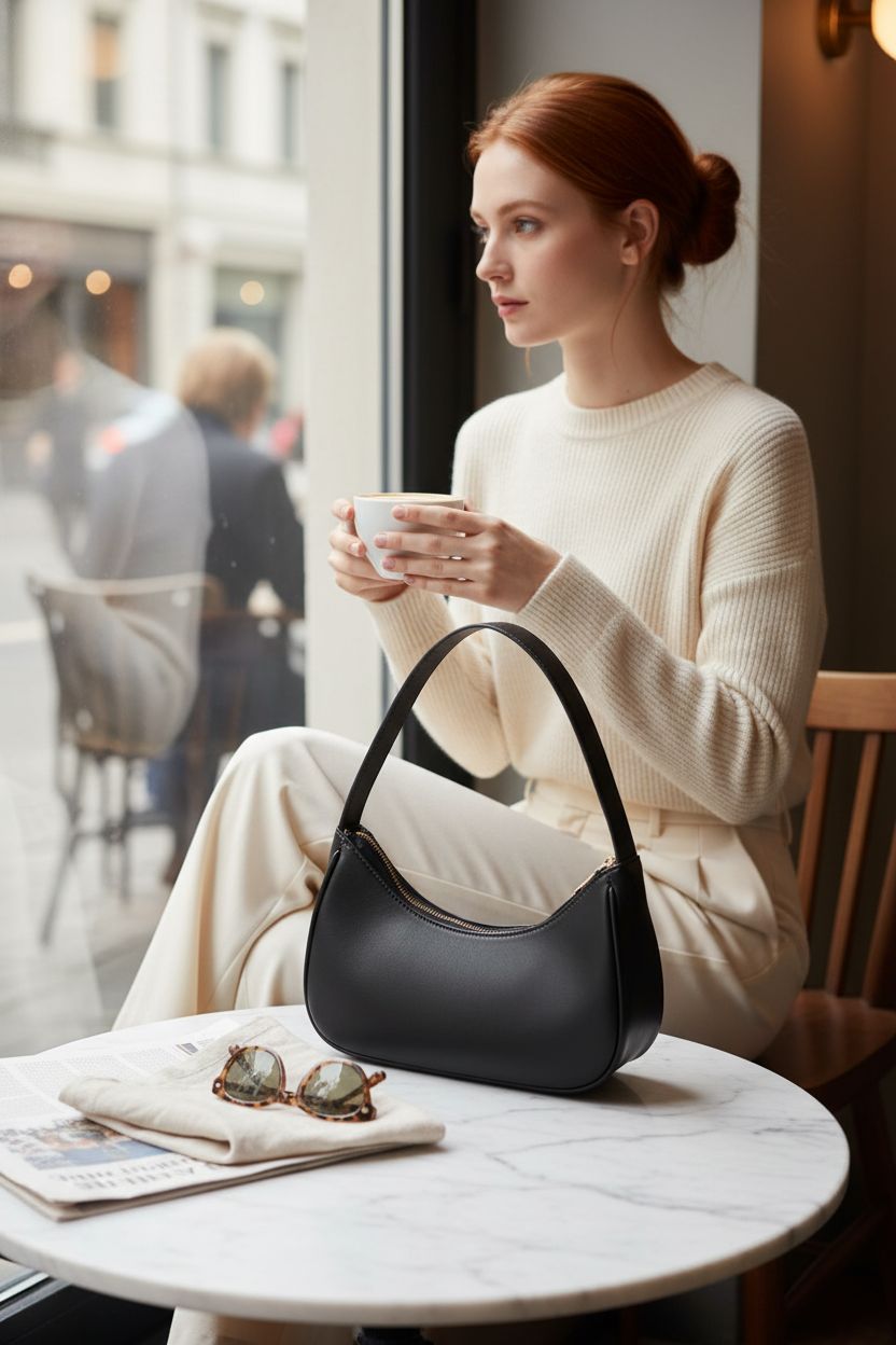 Black hobo purse by WSRYDJDL beside a latte in a cozy café, highlighting its soft leather texture.