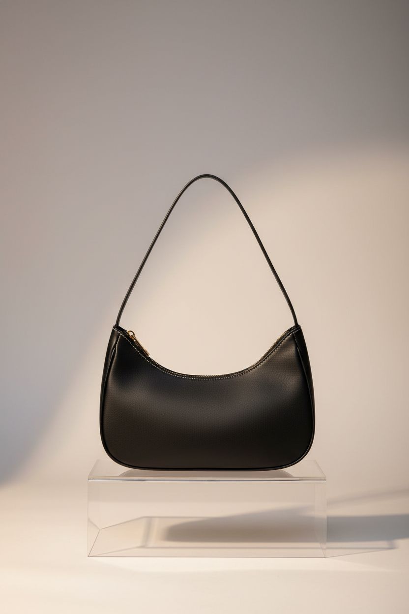 WSRYDJDL black mini hobo purse on a minimalist display, showcasing its sleek design and gold details.