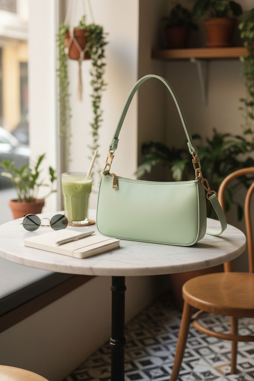 NIUEIMEE ZHOU mint green purse on a marble table beside iced matcha in a cozy café.