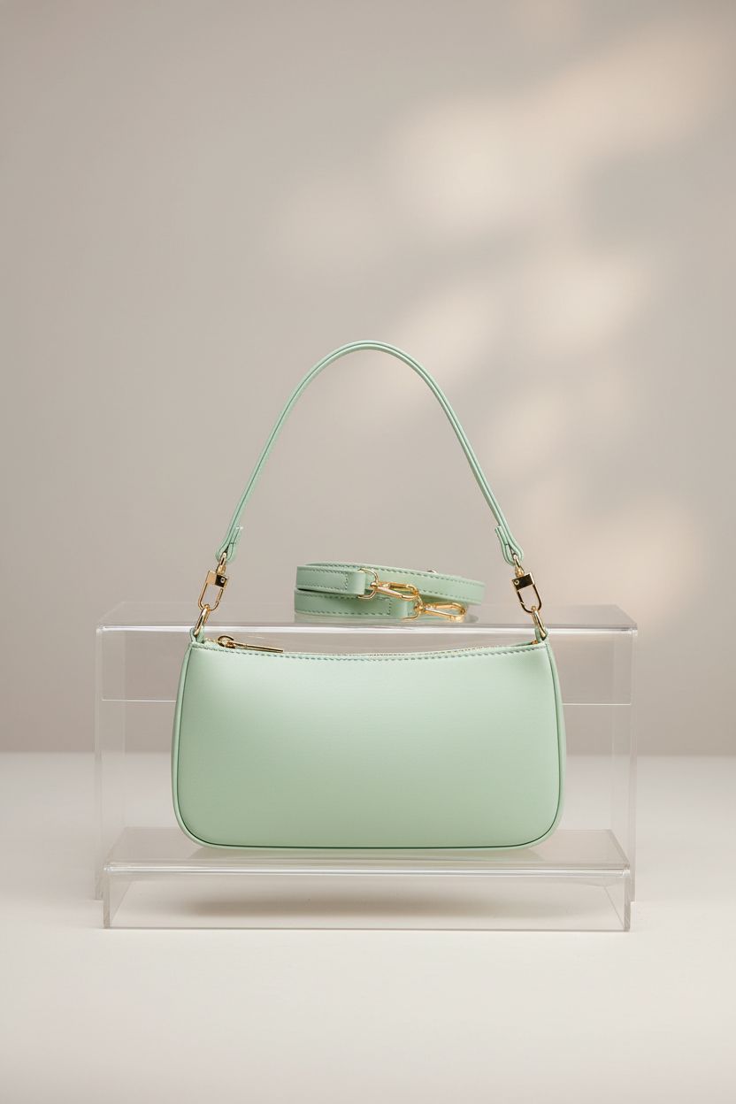 Close-up of NIUEIMEE ZHOU mint green shoulder bag showcasing vegan leather and custom hardware.