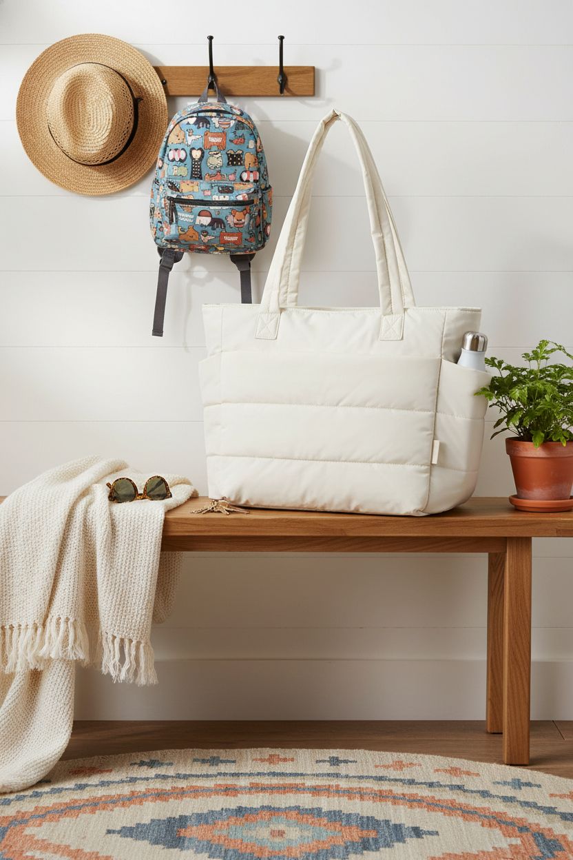 BAGSMART beige puffer tote on oak bench, styled with a cozy throw and kids' backpack for a warm vibe.