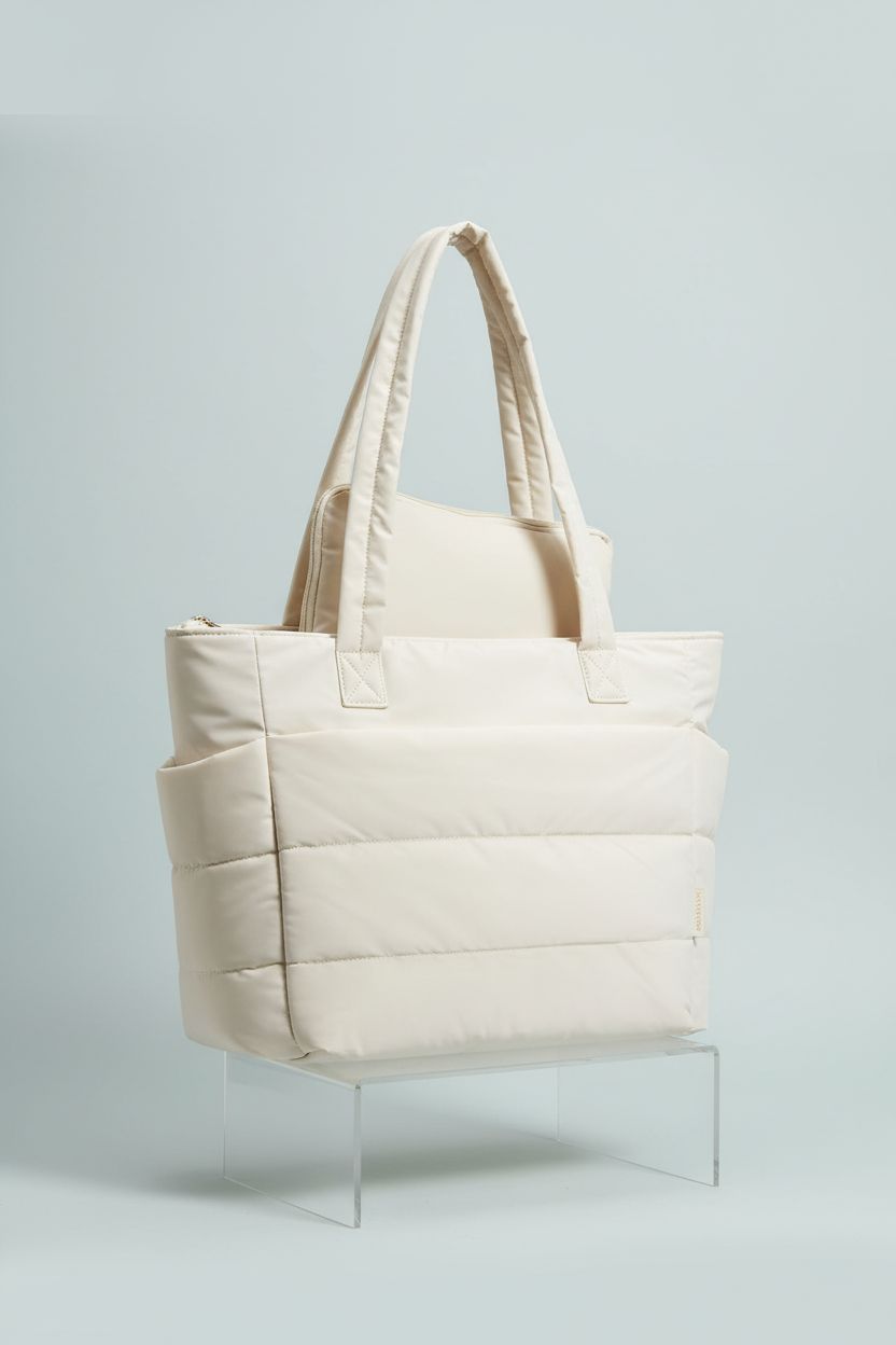 BAGSMART beige puffer tote bag displayed on a minimal backdrop, highlighting its compartments and design.