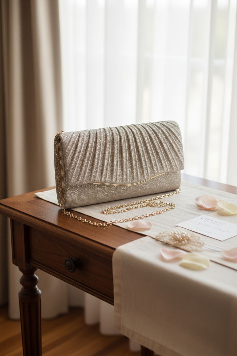 Stylish champagne clutch bag with sequins, set on a vintage console for a bridal suite ambiance.