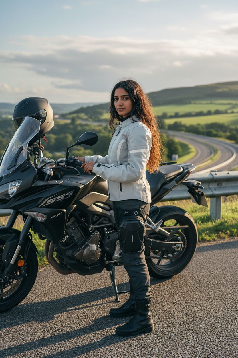 ISEYOU motorcycle hip bag on a rider's thigh in leg-bag mode against a scenic backdrop.
