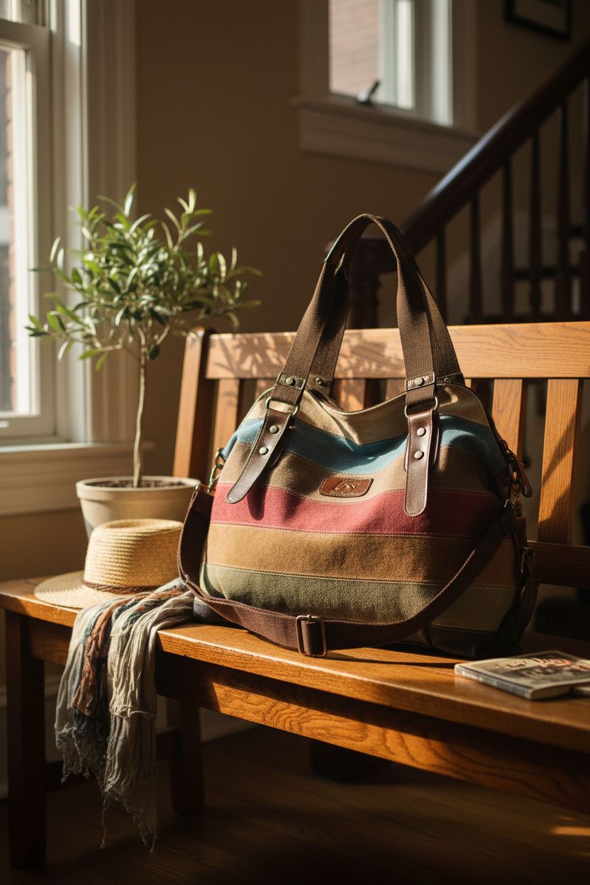 SNUG STAR multicolor handbag on a wooden bench, surrounded by travel accessories for a cozy vibe.