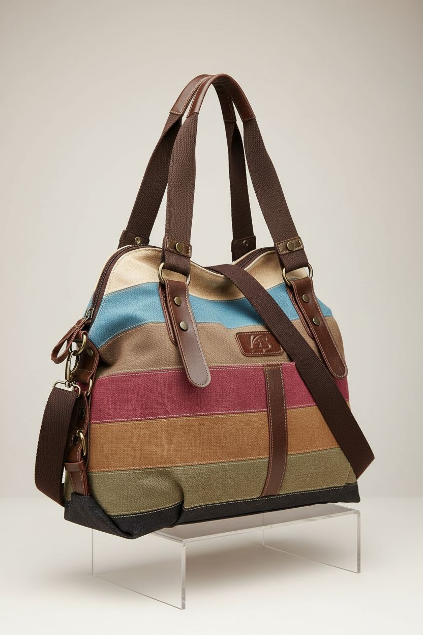 SNUG STAR multicolor handbag displayed in studio, highlighting its canvas texture and design features.