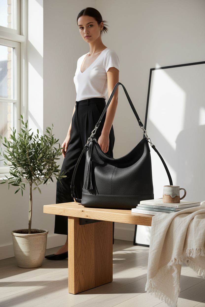 Befen black hobo bag in a cozy apartment setting, surrounded by travel books and decor.