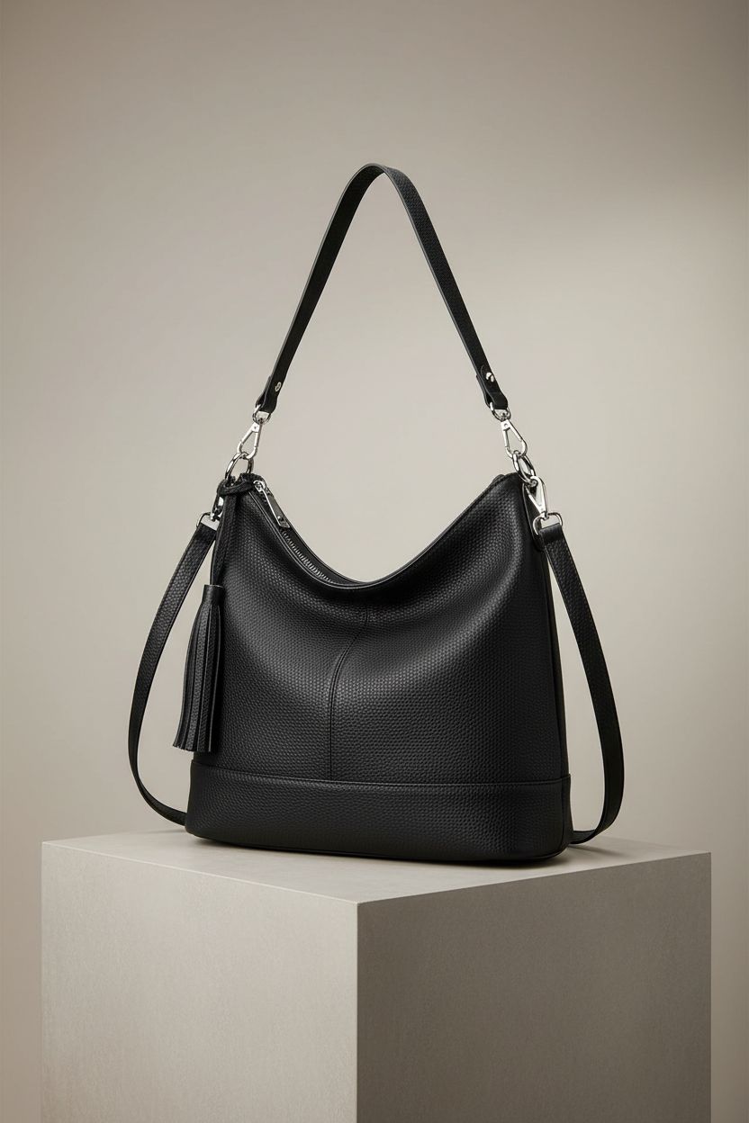 Close-up of Befen black hobo bag, highlighting its pebble-grain texture and quality craftsmanship.