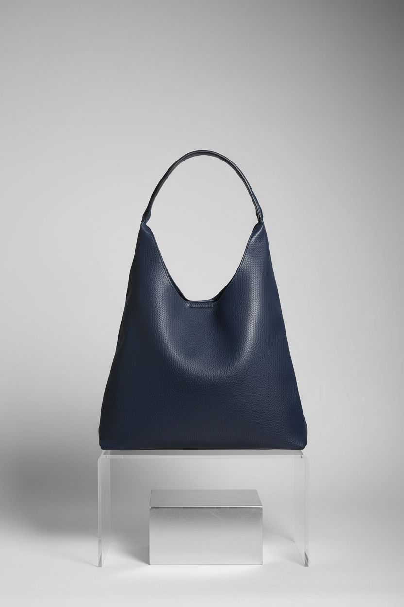 Close-up of HOXIS navy blue vegan leather purse showcasing its refined slouch and details.