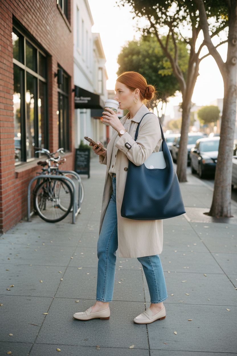 Navy blue slouchy hobo purse by HOXIS on a shoulder during a golden-hour commute.