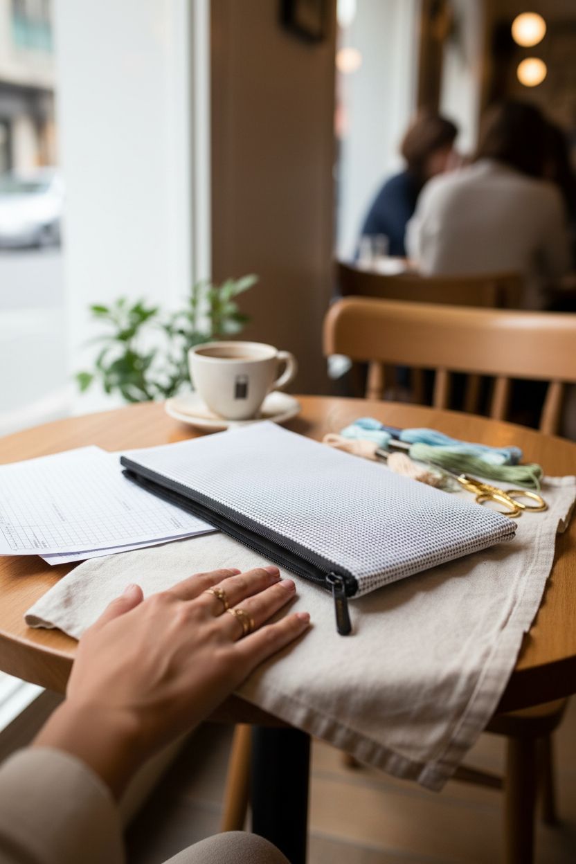 A cozy café scene featuring an Aidalux needlepoint clutch beside craft supplies on a table.