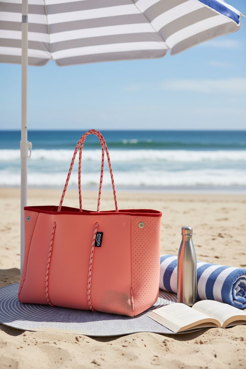 Coral QOGiR neoprene tote bag on a beach mat, surrounded by summer essentials for a relaxing day.