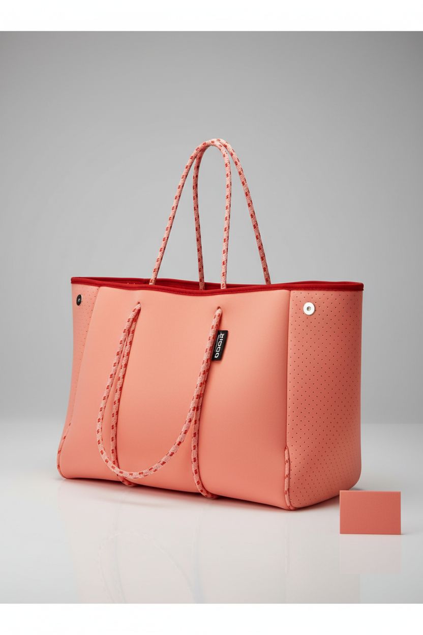 Product-focused image of the coral QOGiR neoprene tote bag, highlighting its design and quality.