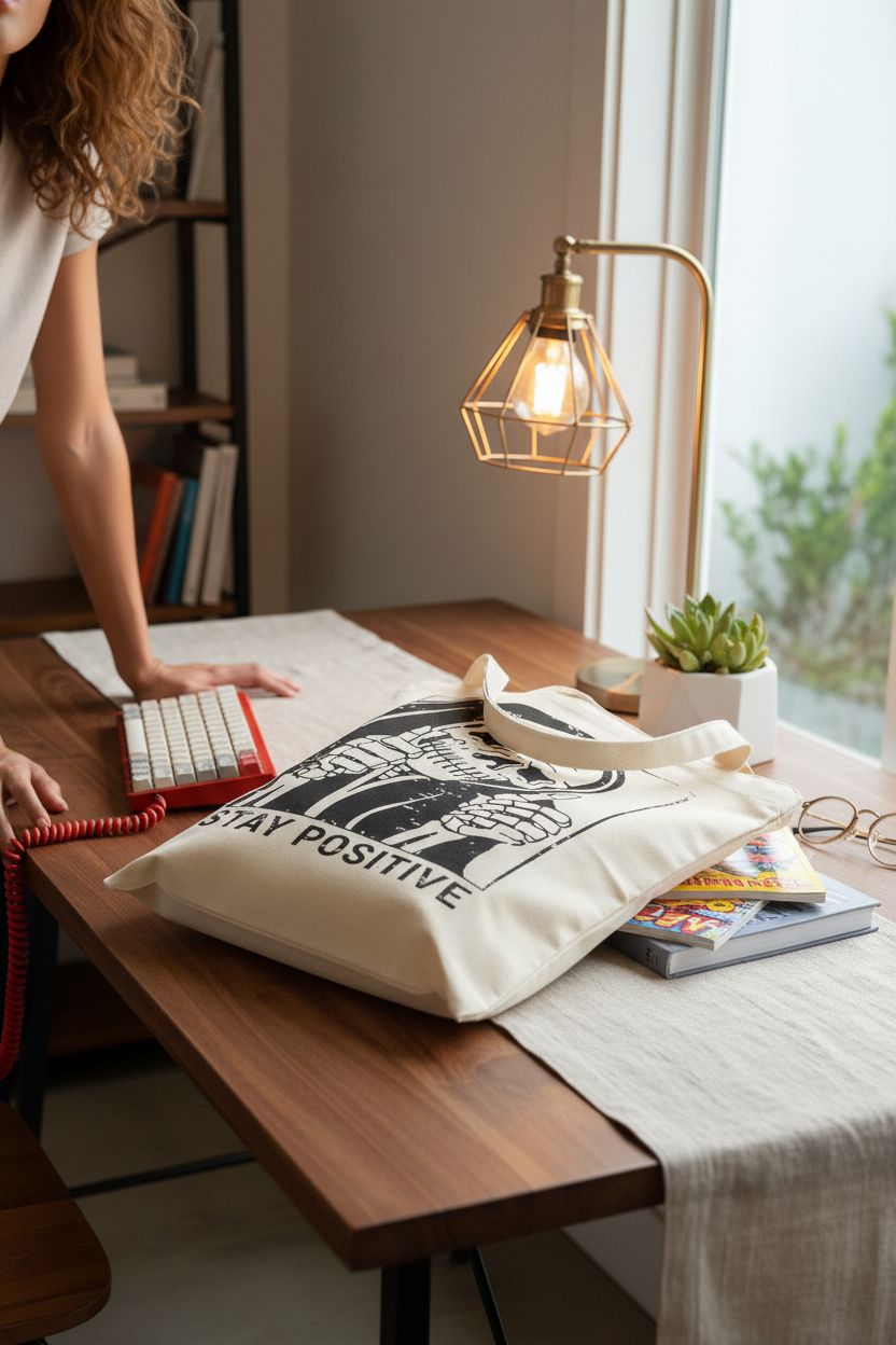 Cozy workspace with Miss Adola tote bag on a desk with a physics textbook and retro controller.