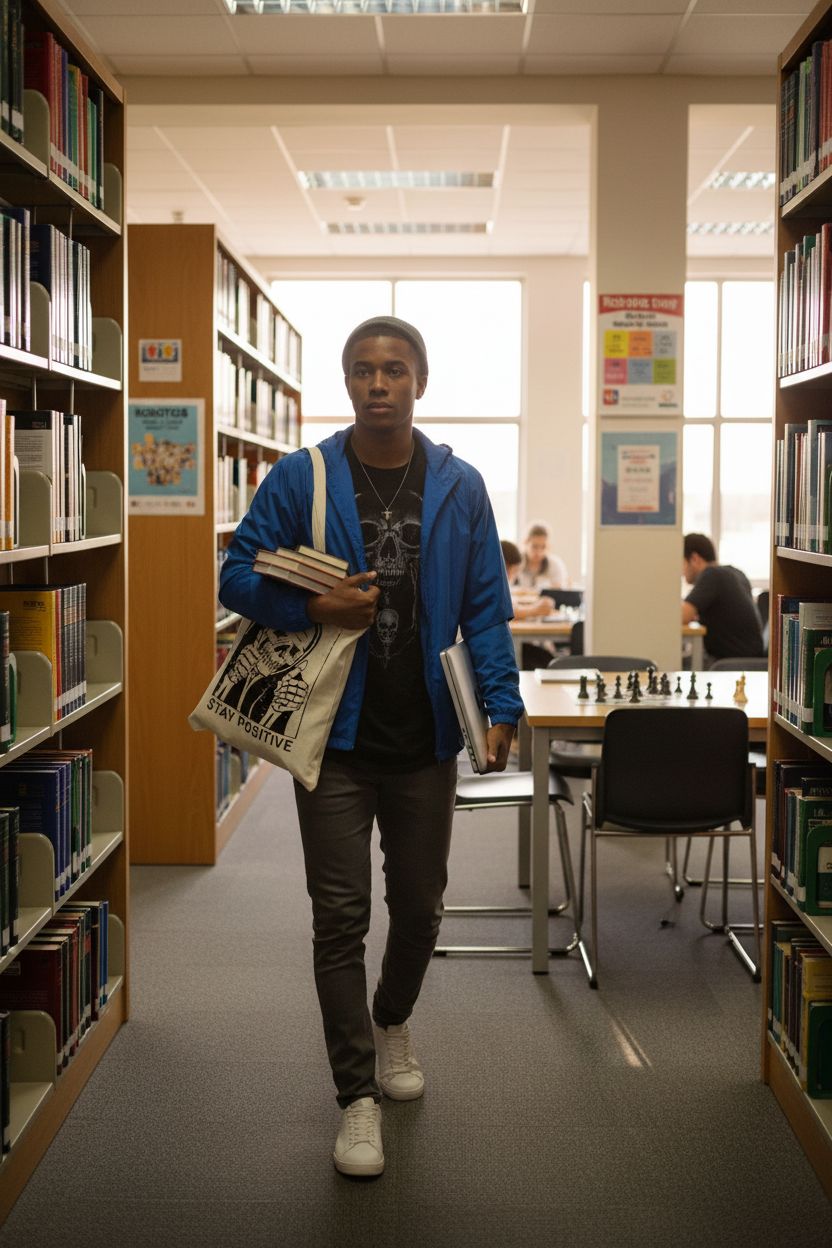 Miss Adola nerdy bag in a university library, balancing textbooks and a laptop.
