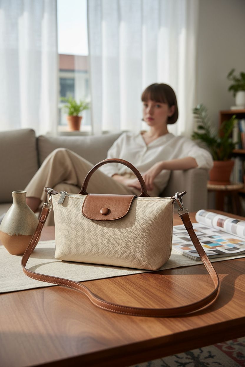VesaNa Yoolo off-white quilted bag resting elegantly on a warm walnut table indoors.
