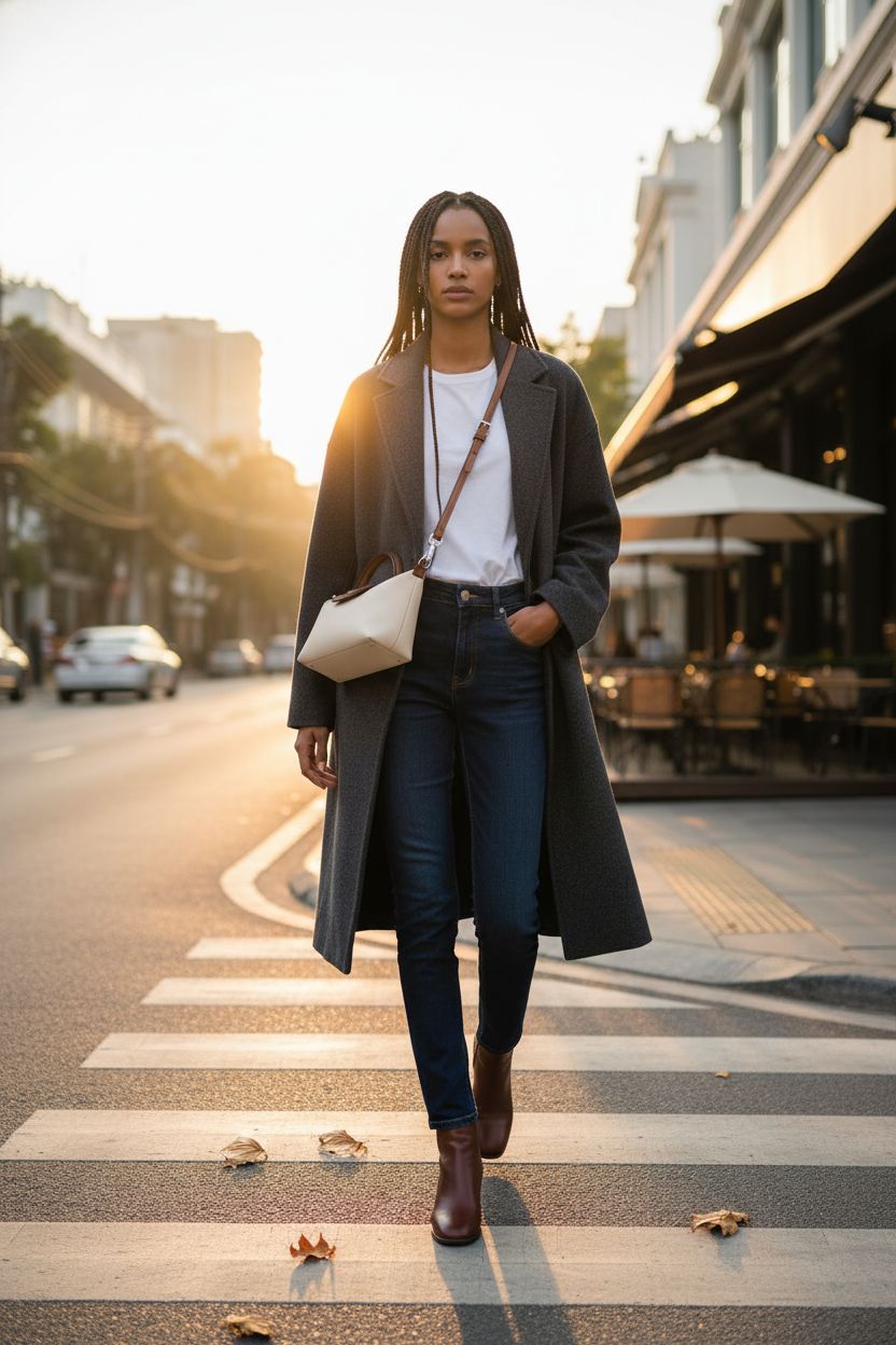 VesaNa Yoolo off-white crossbody bag showcased on a stylish urban street in autumn.
