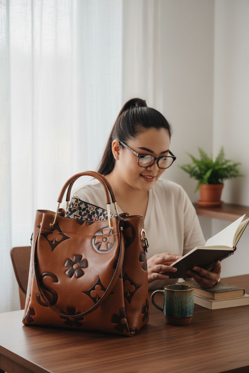 Travistar Floral Handbag beside a notebook and mug in a cozy home office, emphasizing functional elegance.