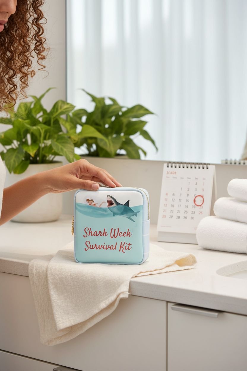 Stylish Primo Lines shark pouch on vanity, showcasing its cute design and practical use.