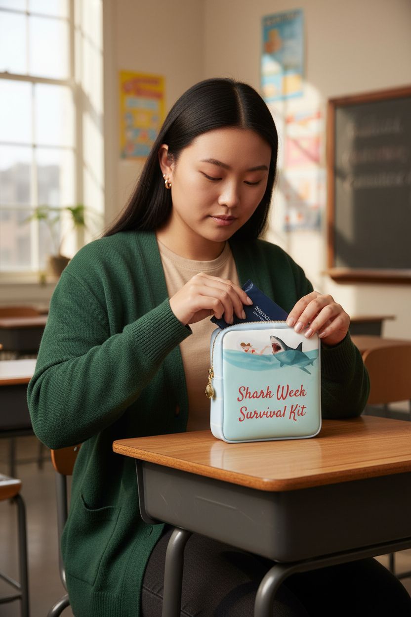 Light blue Primo Lines period pouch on desk, discreetly holding pads with chic zipper charm.