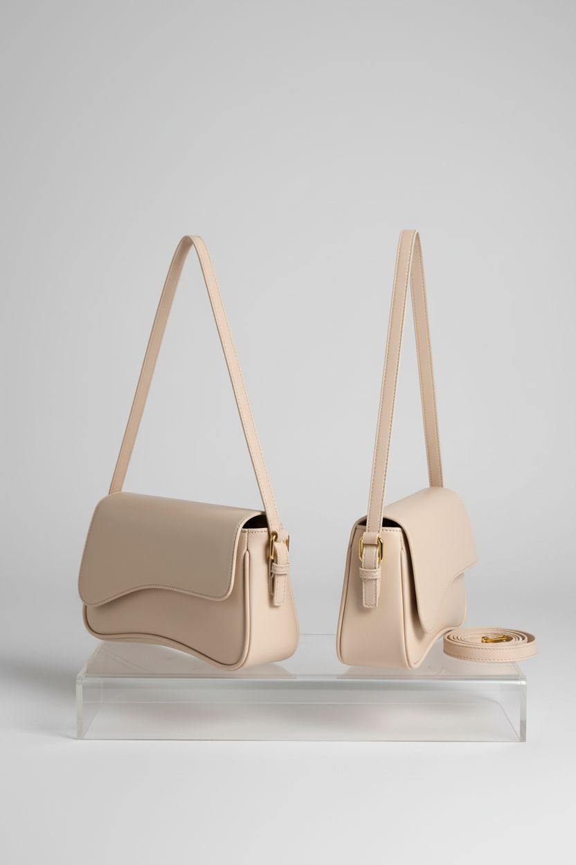 Detailed view of Amszke's nude shoulder bag on a minimalist backdrop, showcasing its unique wave flap.
