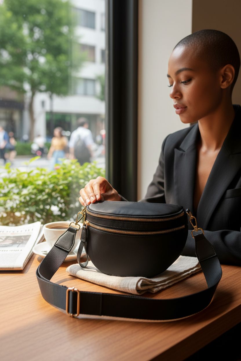 FEIBOON black nylon crossbody bag elegantly placed on a café table with warm lighting.
