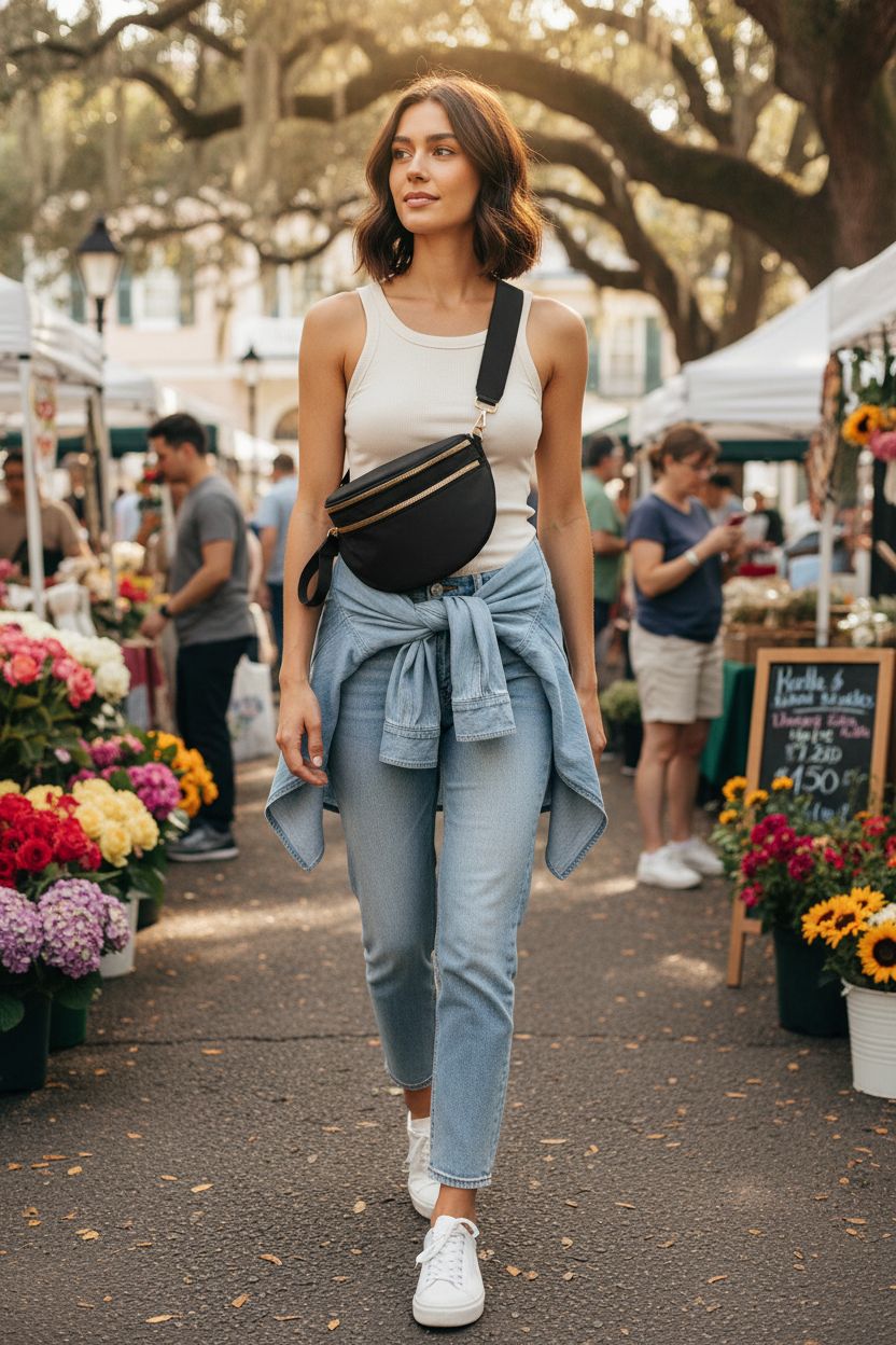 Spacious FEIBOON black nylon crossbody bag styled for hands-free market shopping.
