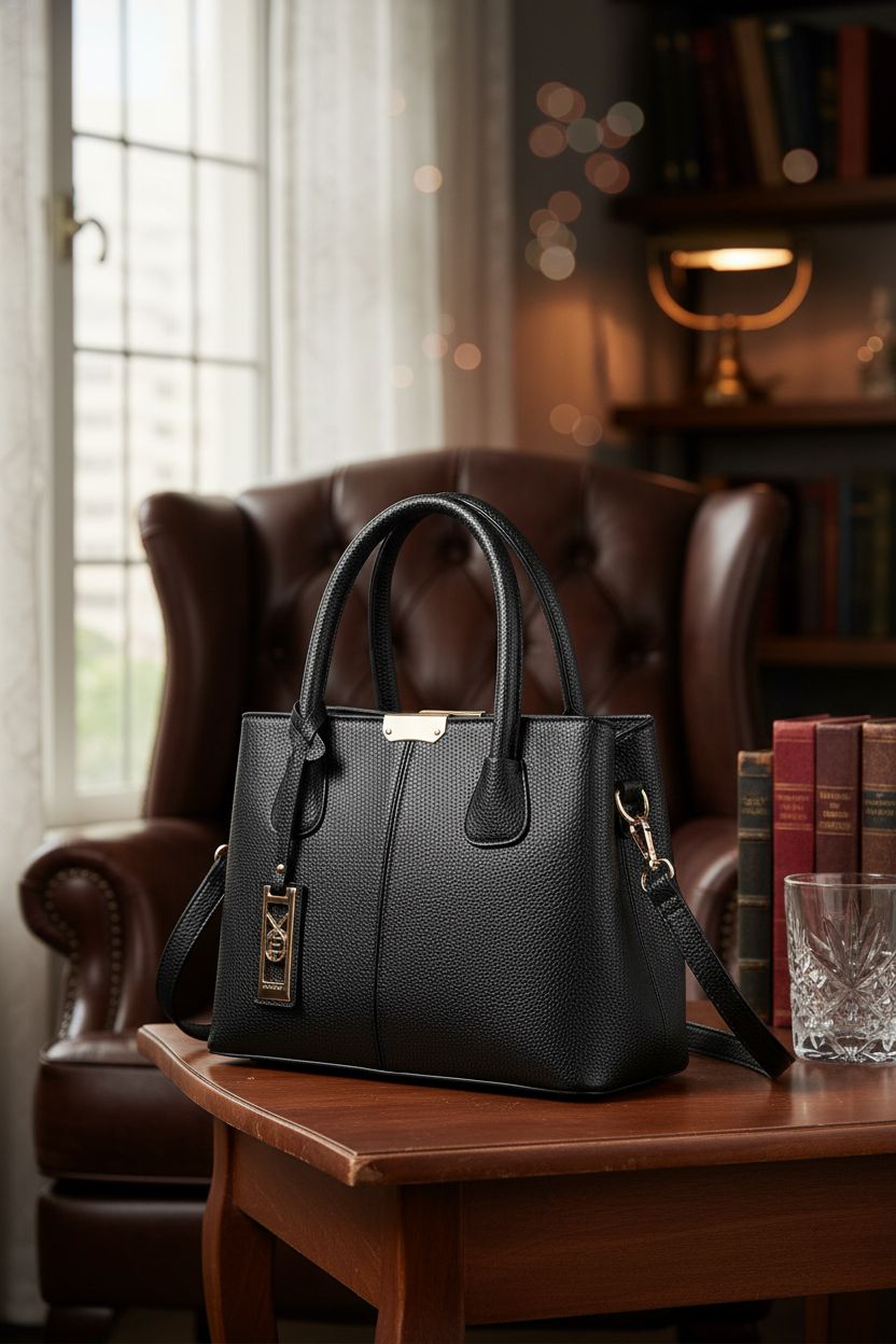COCIFER handbag resting on a polished table in a warm library nook, exuding timeless charm.