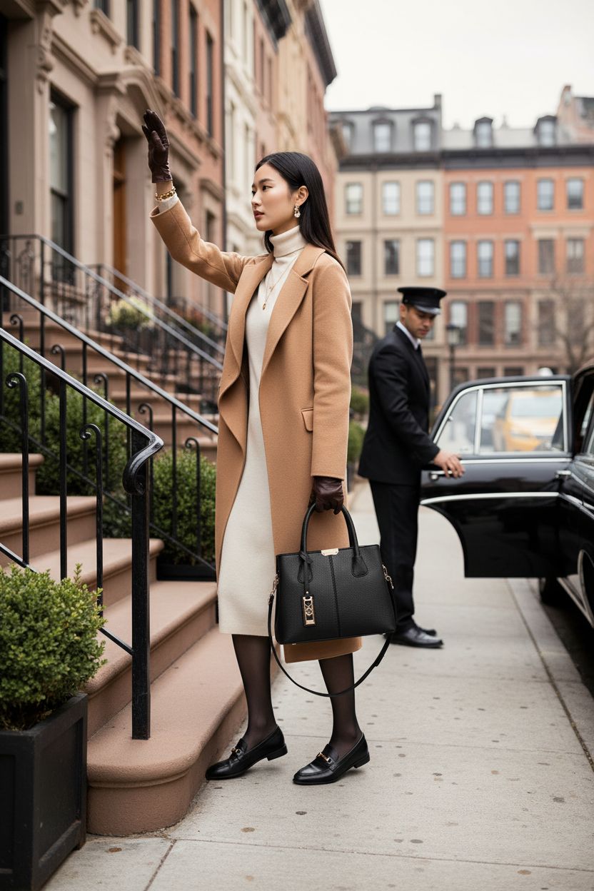 COCIFER cream satchel handbag elegantly displayed on townhouse steps, ideal for classy events.