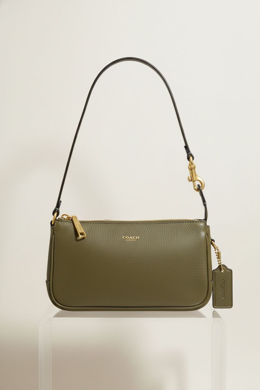 Coach Plaza Bag 18 in olive against a gray backdrop, highlighting fine leather details.
