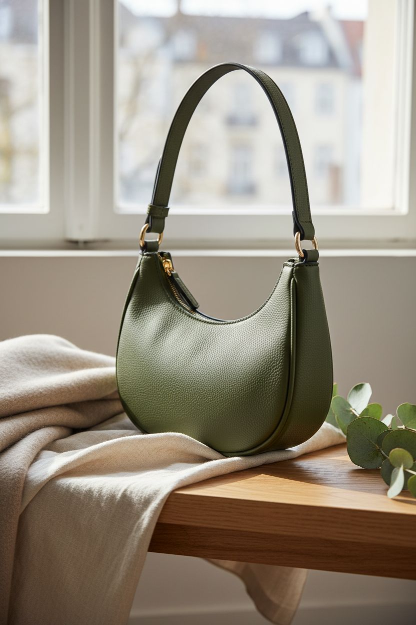 FashionPuzzle olive green crescent bag styled on a cozy bench with soft textures and natural light.