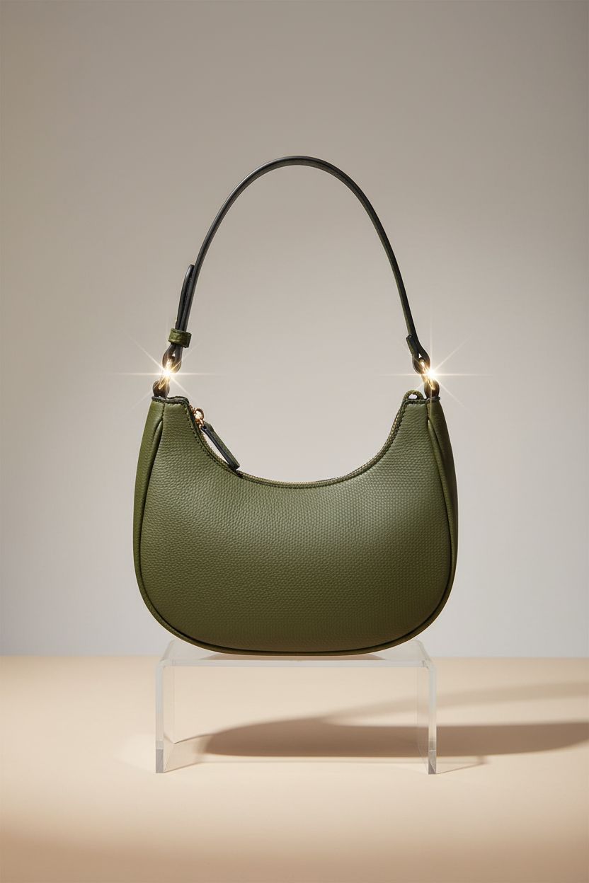 FashionPuzzle olive green crescent shoulder bag showcased on a clean studio set with elegant lighting.