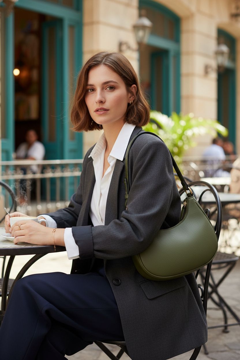 FashionPuzzle olive green underarm purse resting elegantly on a café table with a warm drink.