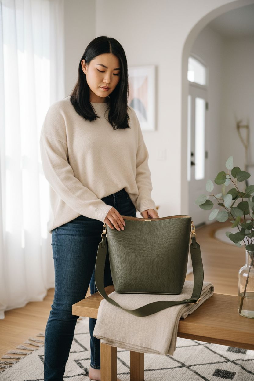 Olive bucket bag placed on a light oak bench in a cozy apartment entryway setting.