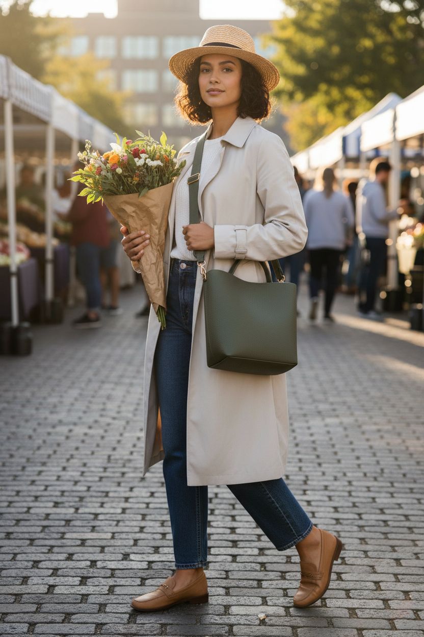 Dark olive bucket bag worn cross-body at a farmers' market, showcasing its stylish design.