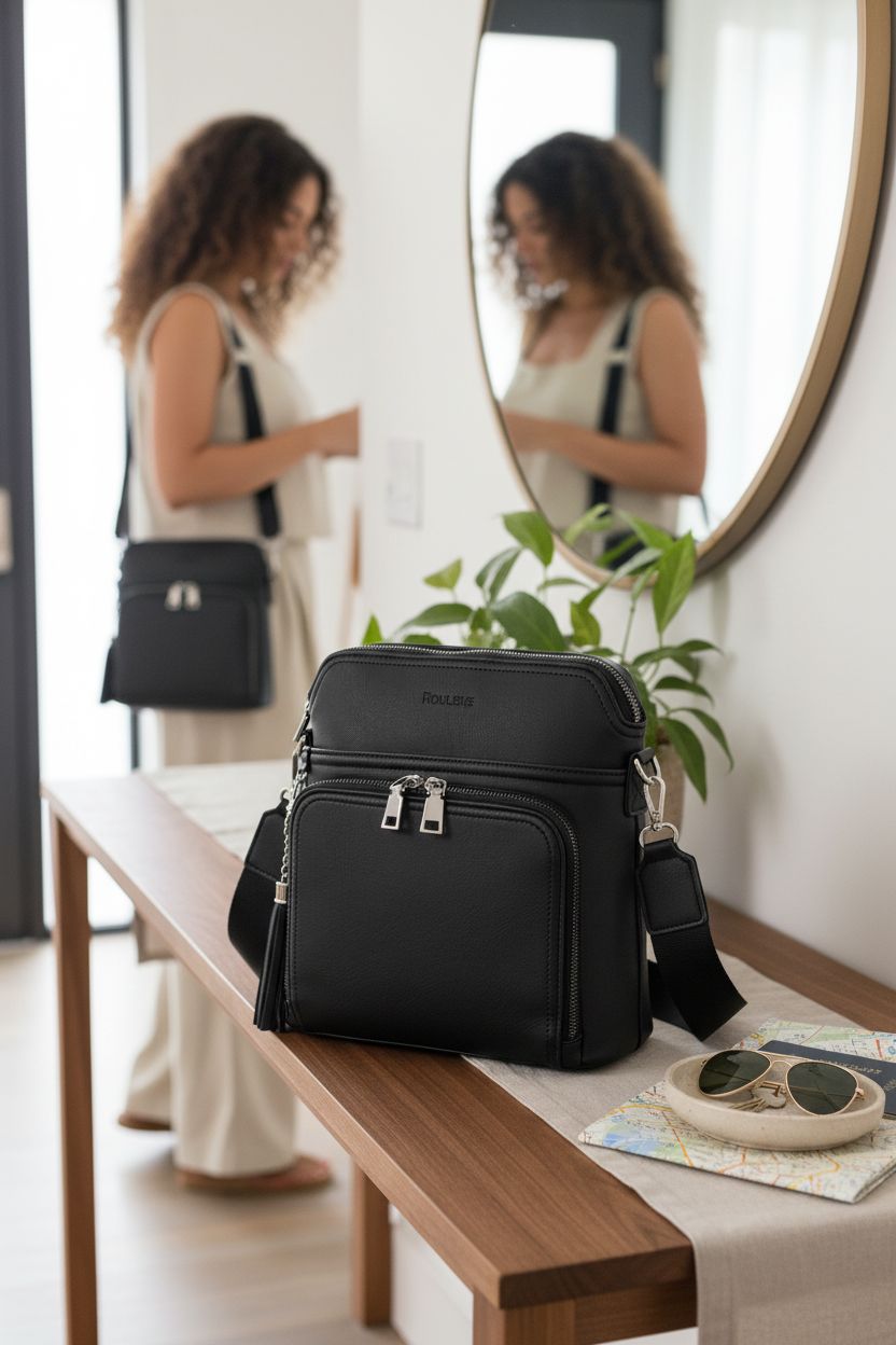 Roulens organizer bag resting on a console, highlighting its elegant design and functionality