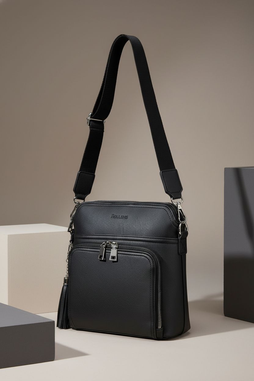 Roulens vegan leather crossbody purse displayed on a minimalist studio set